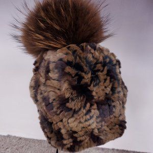 SALE Brown Knitted Rex Rabbit Fur Beanie with Fox Pom